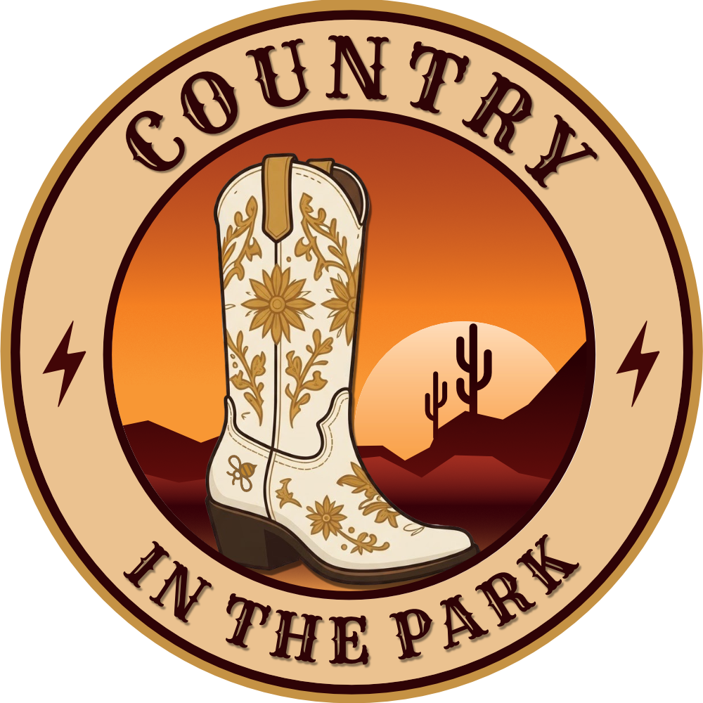 Country in the Park logo: a cream cowboy boot in front of a desert sunset with cacti, inside a round badge